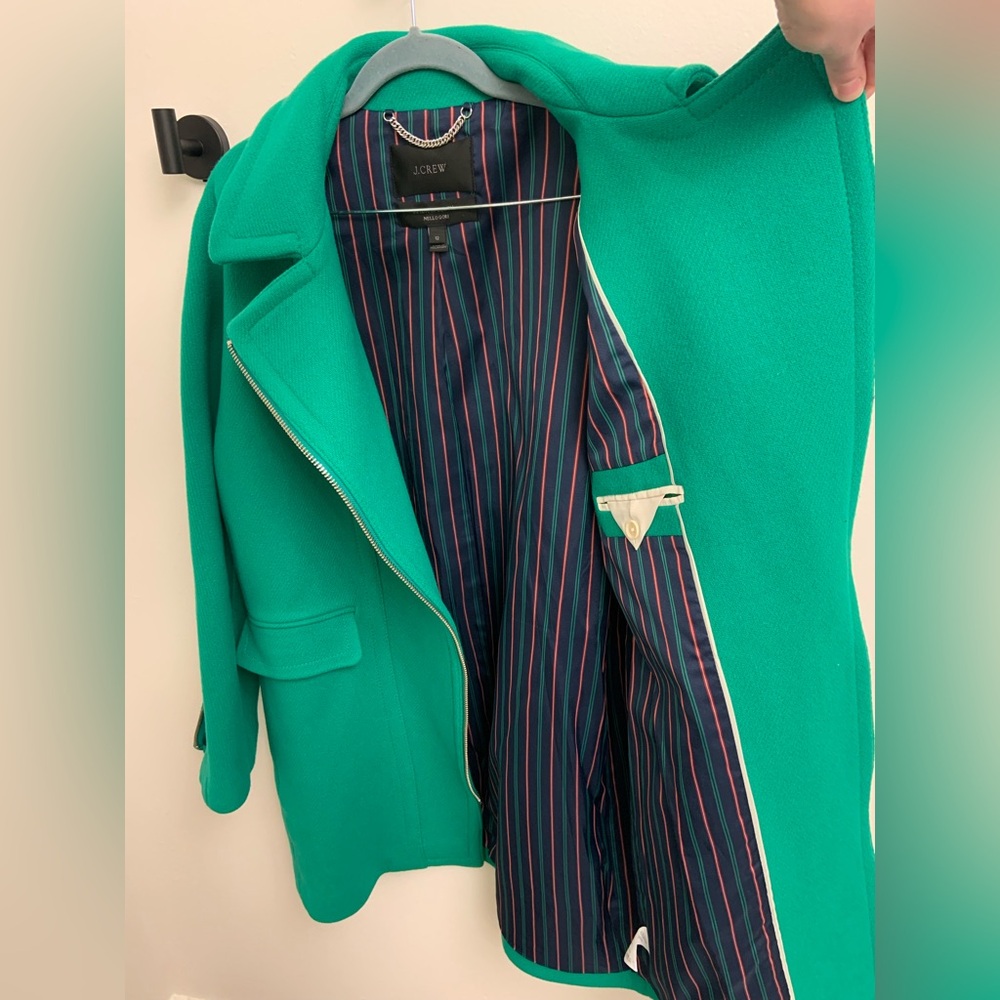 J Crew Women’s Wool Blend Emerald Green Long Two Way Zip Coat Jacket Size 12 - Picture 6 of 16